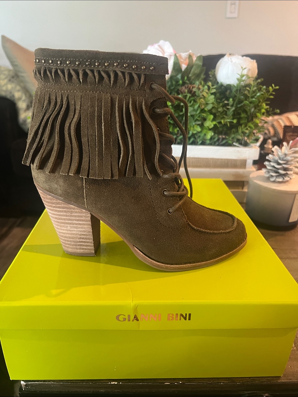 Gianni Bini Olive Green Suede Fringe Lace-Up Heeled Boot